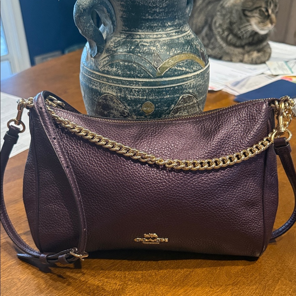 Coach Dark Purple/ Burgundy Leather Shoulder Bag with Gold Chain